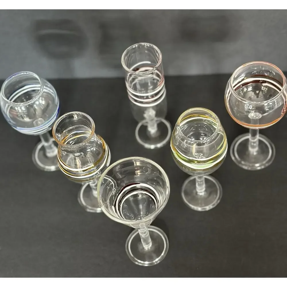 Vintage Hand Blown Multicolor Art Glass Cordial Glasses Set of 6 MCM Barware